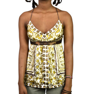 Vintage Arden B Silk Halter Top Brown Silk Beaded Scarf Baroque Print Straps XS